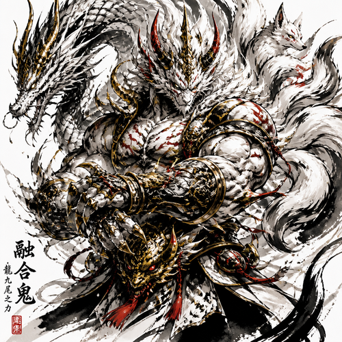 Fuse Oni, loung dragon,9 tail fox into a loung dragon style biceps forearms, hands, fingers, armor that has all the best appearance from Fuse Oni, loung dragon,9 tail fox. Only show final product. Colors white,gold,red,black.details 10% 
