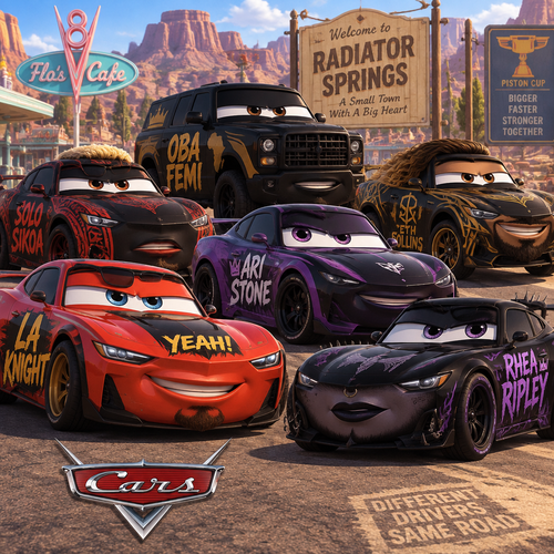 LA Knight,Solo Sikoa,Seth Rollins,Oba Femi,Rhea Ripley and Ari Stone (My Female wrestler oc) in Cars (Movie)