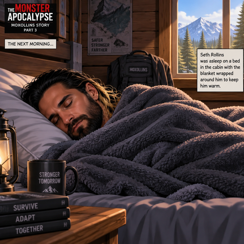 (The monster apocalypse/Moxollins story part 3). The next morning,Seth Rollins was asleep on a bed in the cabin with the blanket wrapped around him to keep him warm