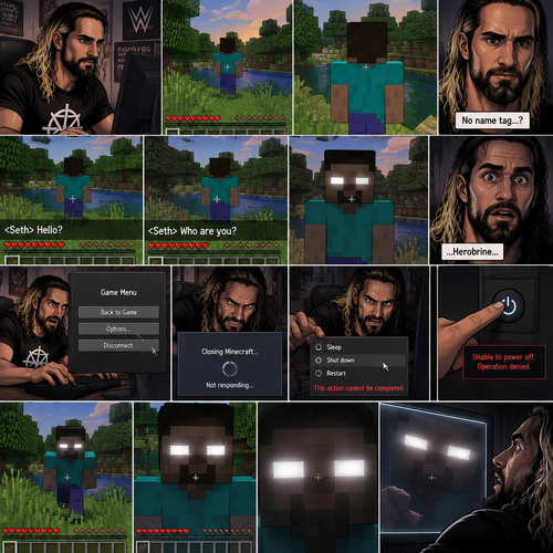 Seth Rollins was playing Minecraft alone on his computer,Then he noticed something. There was a player with a default skin,His back faced Seth. The strange part about it…was there was no name tag above the player. Seth was getting suspicious. He moved his character to the player,Then he typed in the chat bar “Hello?”. The player didn’t respond. Seth typed in the chat bar again “Who are you?”. The player slowly turned around….it wasn’t a player at all….It was Herobrine. Seth was spooked,He’s heard the legend of Herobrine before. He tried to exit the server…But it wasn’t working,He tried to close the game…but it wasn’t working either. Herobrine kept staring at Seth. Seth tried to turn off the computer….but it won’t turn off. Then…Herobrine slowly moved closer to the screen