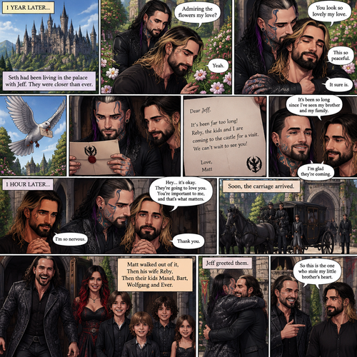 (Part 4 of the dark angel X human story). 1 year had passed,Jeff Hardy (The dark angel king) and Seth Rollins are more closer than ever. Seth had been living in the palace with Jeff. One day Seth was in the garden. Jeff walked behind him. “Admiring the flowers my love?” Jeff asked. Seth smiled softly. “Yeah” Seth said softly. Jeff gently pulled Seth in his embrace. “You look so lovely my love” Jeff said softly. Seth hummed softly. “This so peaceful” Seth said softly. “It sure is” Jeff said softly. Then a messenger bird flew in with a letter. Jeff gently picked up the letter and opened it,It was from his brother Matt saying that he and his wife and kids are coming to Jeff’s castle for a visit. Seth looked at the letter too. Jeff smiled,it had been so long since he’s seen his brother and his family. 1 hour later,Jeff was anticipating their arrival and Seth was completely nervous. Seeing that Seth was nervous Jeff gently held his hand and reassured him. Then the carriage arrived. Matt Hardy walked out of it,Then his wife Reby,Then their kids Maxel,Bart,Wolfgang and Ever. Jeff greeted them. Matt looked at Seth and said “So this is the one who stole my little brother’s heart”