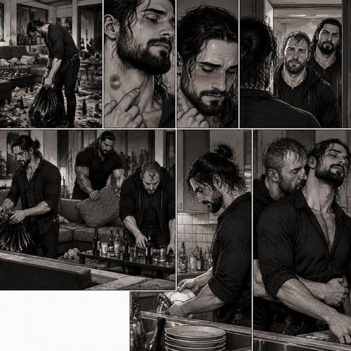 (Part 2) Seth Rollins was cleaning up the mess after last night’s party in his house. His fingers traced on one of the hickeys on his neck. The memory of last night’s party…and Jon Moxley Fresh in his mind. Seth blushed a little,Then there was a knock on the door. Seth walked to the door and answered it,It was Jon and Roman Reigns. They came to help Seth clean up. Seth was thankful for that. They cleaned up the living room. Seth walked to the kitchen to clean the dishes. Jon silently walked to the kitchen and stood behind Seth,Then he wrapped his arms around Seth’s waist