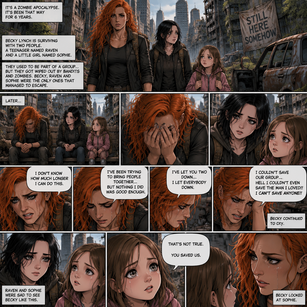 It’s a zombie apocalypse,It’s been that way for 6 years,Becky lynch is surviving with two people,A teenager named Raven and a little girl named Sophie. They used to be part of a group…but they got wiped out by Bandits and Zombies,Becky,Raven and Sophie were the only ones that managed to escape. They’re currently walking in the city. They sat down on a bench to take a break. They were silent for a while. Then…Becky started to cry. Raven and Sophie were concerned. “I don’t know how much longer I can do this” Said Becky. “I’ve been trying to bring people together…but nothing I did was good enough” Becky continued. “I’ve let you two down…I let everybody down” Becky continued. “I couldn’t save our group…hell i couldn’t even save the man I loved!!…I can’t save anyone!” Becky continued. Becky continued to cry. Raven and Sophie were sad to see Becky like this. “That’s not true” said Sophie. “You saved US” Sophie continued. Becky looked at Sophie