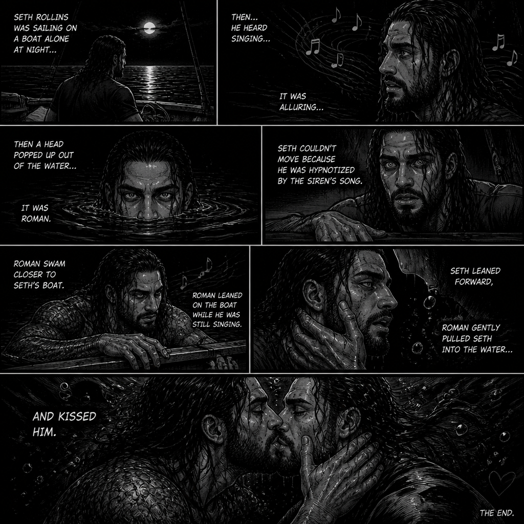 WWE superstar Roman Reigns as a siren Story:Seth Rollins was sailing on a boat alone at night…Then…He heard singing…it was alluring.Then a head popped up out of the water,It was Roman.Seth couldn’t move because he was hypnotized by the sirens song.Roman swam closer to Seth’s boat.Roman Leaned on the boat while he was still singing.Seth Leaned forward,Roman gently pulled Seth into the water…And kissed him