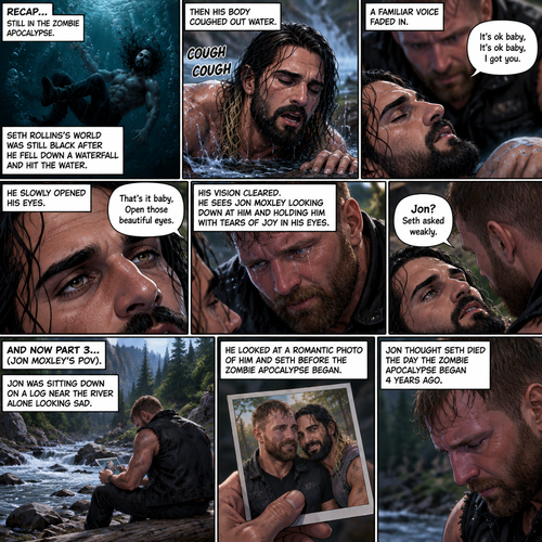 (Recap) Still in the Zombie Apocalypse. Seth Rollins’s world was still black after he fell down a waterfall and hit the water,The his body coughed out water,Then a familiar voice faded in saying “It’s ok baby,It’s ok baby,I got you”,he slowly opened his eyes,the familiar voice spoke again saying “That’s it baby,Open those beautiful eyes”,his vision cleared,he sees Jon Moxley looking down at him and holding him with tears of joy in his eyes,”Jon?” Seth asked weakly. (And now part 3) (This is Jon Moxley’s POV). Jon was sitting down on a log near the river alone looking sad. He looked at a romantic photo of Him and Seth before the zombie apocalypse began. Jon thought Seth died the day the zombie apocalypse began 4 years ago