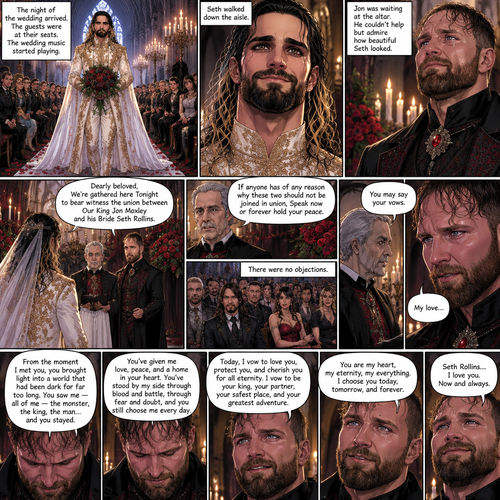 (Recap) Seth Rollins (The vampire hunter turned Bride of the Vampire king) Reunited with his long lost brother Aj Styles,Time skip to 3 days before the wedding,Seth and Jon Moxley (Vampire King) were still preparing,Aj helped out,The night before Aj had told Jon and Seth that he’s a werewolf,Seth and Jon were shocked but were happy that Aj was being honest with them,Seth was on the balcony Looking at the view and Looking nervous about the wedding,Jon appeared behind him checking in on him,“Can’t sleep?” Jon asked,“No” Said Seth,Jon wrapped his arms around him,“What’s on your mind?” Jon asked,”I’m just very nervous about our wedding,Don’t get me wrong I want to marry you…It’s just….what if I mess up? What if people don’t like me?…what if…..I’m not enough….for you?” Said Seth,”Look at me my love” Jon said softly,Seth looked up at him,”You’re not gonna mess up,I’ll be right with you,If people don’t like you they’ll have to deal with me,You ARE enough for me,You’re the only one I want,The ONLY one i love,You’re mine..and I’m yours,For eternity” Jon said softly,Seth’s heart fluttered,Jon kissed him softly,”I love you” Jon said Softly,”I love you too” Seth said softly,They kissed again. (And now part 9) The night of the wedding arrived,The guests were at their seats. Jon was waiting at the altar. The wedding music started playing. Seth walked down the aisle. Jon couldn’t help but admire how beautiful Seth looked. Seth got to the altar. “Dearly beloved,We’re gathered here Tonight to bear witness the union between Our King Jon Moxley and his Bride Seth Rollins” Said the officiant. “If anyone has of any reason why these two should not be joined in union,Speak now or forever hold your peace” The officiant continued. There were no objections. The officiant looked at Jon and said “You may say your vows”. Jon says his vows