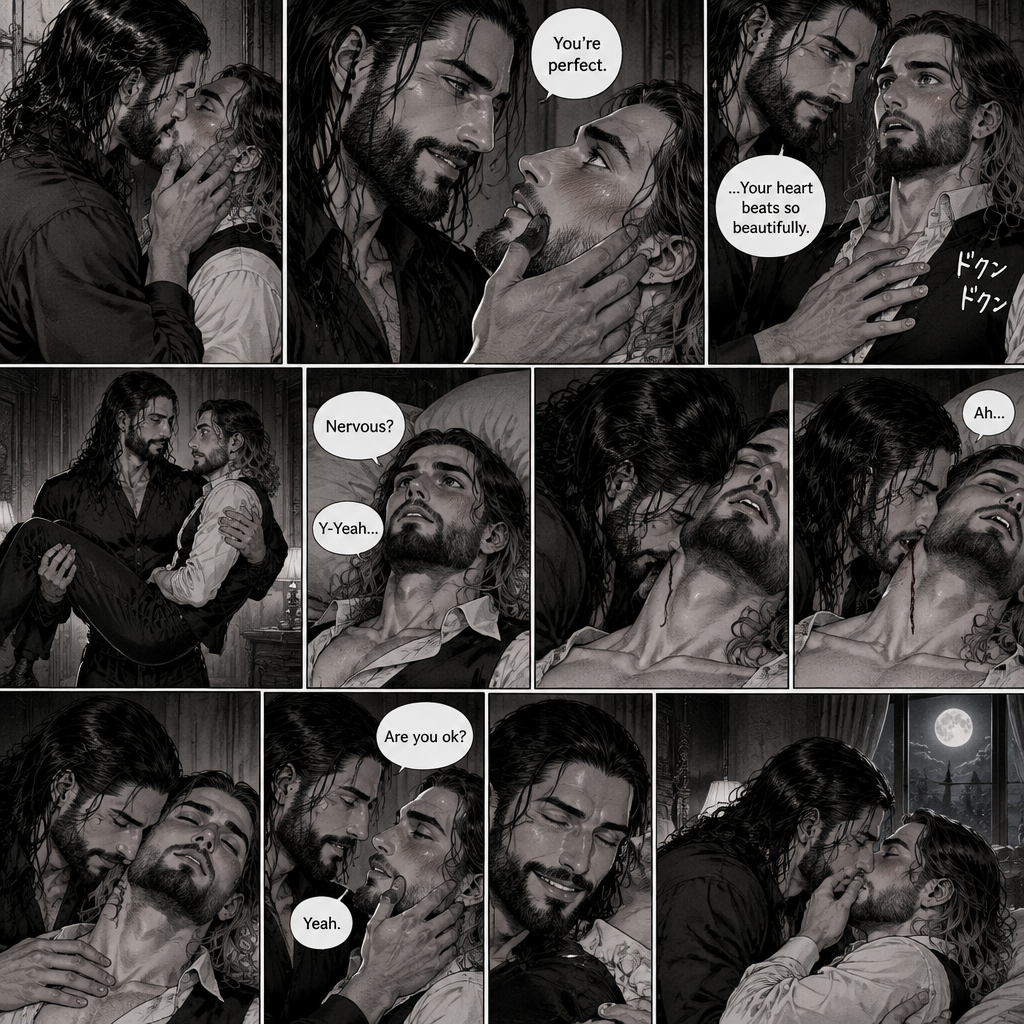 Part 3 of the Vampire x Butler story.Sill in the bedroom of the man of the house (Roman Reigns). He was kissing the Butler (Seth Rollins) against the wall. He smiled at Seth afterwards. Seth was flustered.Roman gently put his hand on Seth’s cheek. “You’re perfect” Roman said softly.Seth’s heart fluttered.Roman heard it,He gently placed his other hand on Seth’s chest to feel the heartbeat.After a while he lifted Seth into his arms.He walked to the bed and gently put Seth down on the bed.Seth looked up at Roman nervously. “Nervous?” Asked Roman. “Y-Yeah” Said Seth.Roman leaned forward towards Seth’s neck.He then wrapped his arms around him in his embrace.He put his lips on Seth’s neck.Seth’s breath hitched a little,Then….Roman’s fangs pierced Seth’s neck.Seth gasped softly.Roman Gently put his hand on Seth’s shoulder and gently rubbed it.Seth’s body slowly relaxed.After a while Roman removed his fangs from Seth’s neck.He Gently placed his hand on Seth’s cheek again. “Are you ok?” Asked Roman.Seth looked up at him. “Yeah” Said Seth.Roman smiled warmly.They kiss each other while moonlight shines outside