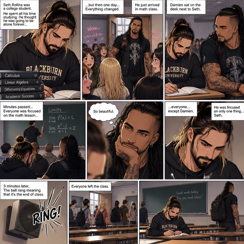Seth Rollins was a college student,He spent all his time studying. He thought he was going to be alone forever…but then one day….Everything changed. He just arrived In math class,He sat at his usual desk…then along came Damien Priest,The bad boy on campus. The girls were gushing and giggling all over him. Seth was just trying to focus on studying and taking notes. Damien sat on the desk next to Seth. Minutes passed,Everyone was focused on the math lesson…everyone…except Damien. He was focused on only one thing…Seth. He was looking at Seth like he was the most beautiful angel he’s ever seen. “So beautiful” Damien said in his mind. 3 minutes later,The bell rang meaning that it’s the end of class,Everyone left the class
