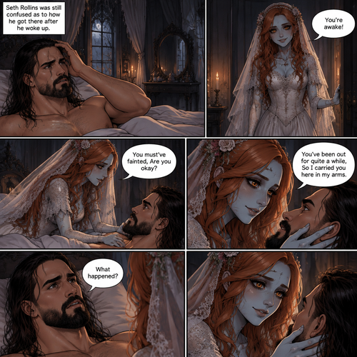 (Part 3 of the corpse bride,Seth x Becky style). Still in the strange bedroom,Seth Rollins was still confused as to how he got there after he woke up. Then the undead woman in a wedding dress (Becky Lynch) walks in. “You’re awake!” Said the undead Bride. She walked towards the bed. “You must’ve fainted,Are you okay?” The undead Bride asked. She gently placed her hand on his cheek. “What happened?” Seth asked. “You’ve been out for quite a while,So I carried you here in my arms” Said the undead bride