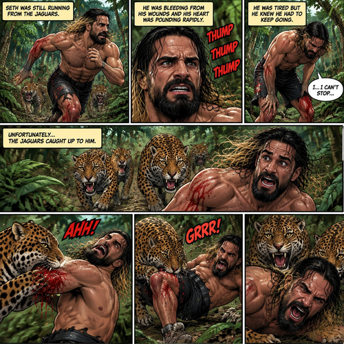 (Recap) Seth Rollins was on a cruise,then one night Thunder came,Seth got up from bed,The ship was rocking against the waves,Seth fell overboard,He swam as best he could,A wave crashed down on him,Everything went black,A few hours later,Seth woke up on shore,He was on an island,8 days have passed,He was still on the island,He walked to the jungle for more food,Then a group of jaguars attacked him,They bit him in the arm and leg,He managed to yank them off him and ran. (And now part 3). Seth was still running from the jaguars. He was bleeding from his wounds and his heart was pounding rapidly,He was tired but he knew he had to keep going. Unfortunately the jaguars caught up to him
