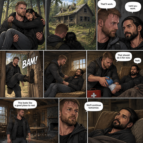(Part 5). Still in the zombie apocalypse. Jon Moxley was walking in the woods while Holding Seth Rollins in his arms after emotional reunion near the river. Seth was resting his head on Jon’s shoulder while holding on. Jon looked ahead and he sees an abandoned Cabin. Seth Sees it too. Jon and Seth looked at each other,Then they looked back at the cabin. “That’ll work” Jon and Seth said in unison. Jon walked to the cabin,Then he kicked the door open and walked inside. He gently put Seth down on the couch. He reached into his bag and pulled out a first aid kit,He gently lifted Seth’s sprained ankle,He grabbed an ice pack from the first aid kit and gently puts it on Seth’s ankle. “That should do it for now” said Jon. Seth nodded. Jon looked at his surroundings. “This looks like a good place to rest” said Jon. “We’ll continue tomorrow” Jon continued