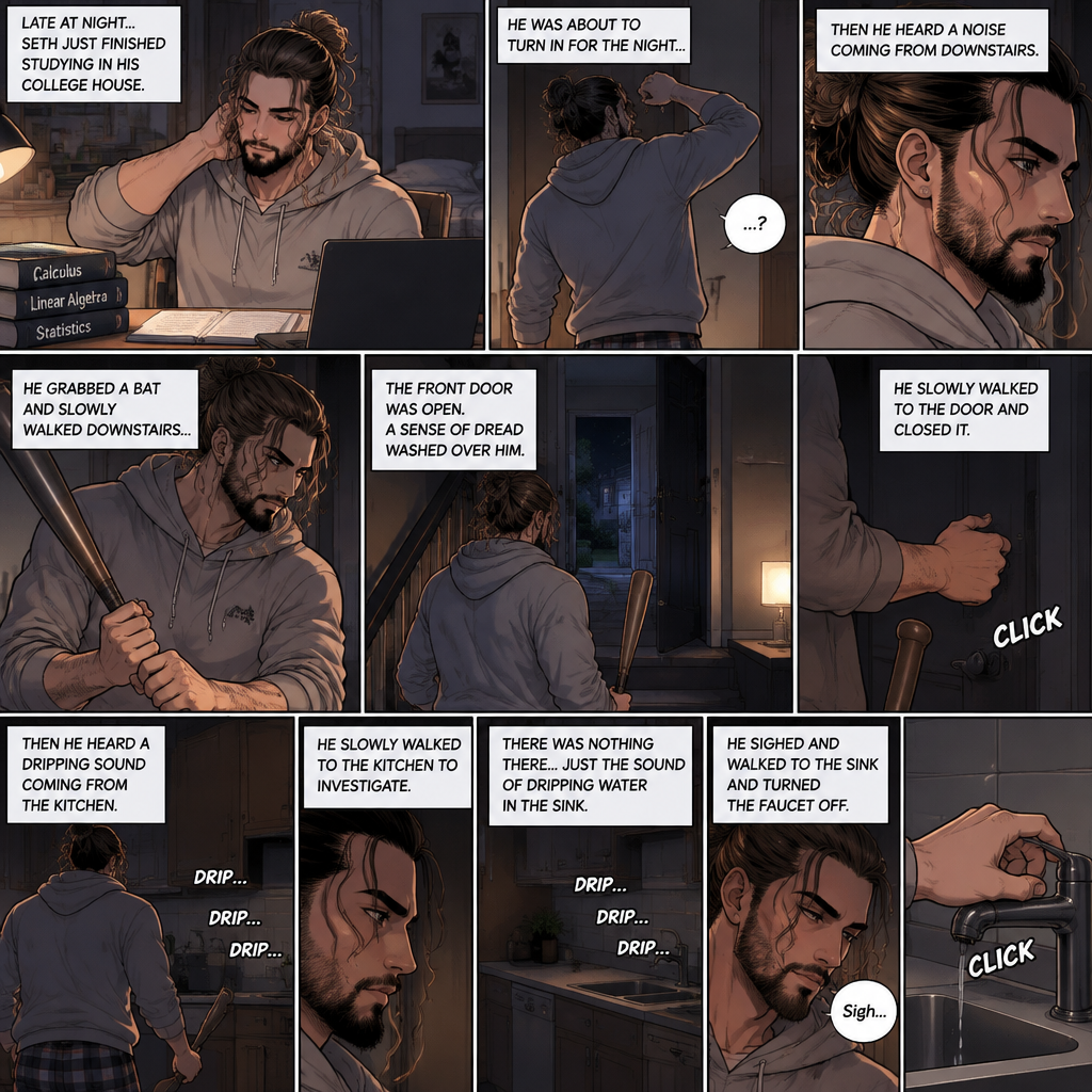 (Recap) Seth Rollins (College student) Arrives at math class and sits at his usual desk,Damien Priest (The bad boy) arrives as well,He sits on the desk next to Seth,Seth was focusing on the math lesson…Damien wasn’t,He was only focusing on Seth like he was the most beautiful angel he’s ever seen,”So beautiful” Damien thought in his mind,After class ended Seth was at his locker when suddenly Damien appeared behind him startling Seth. (And now part 2). It was late at night,Seth just finished studying in his college house. He was about to turn in for the night….Then he heard a noise coming from downstairs. He grabbed a bat and slowly walked downstairs…the front door was open. A sense of dread washed over him. The slowly walked to the door and closed it,Then he heard a dripping sound coming from the kitchen. He slowly walked to the kitchen to investigate,there was nothing there…just the sound of dripping water in the sink,He sighed and walked to the sink and turned the faucet off