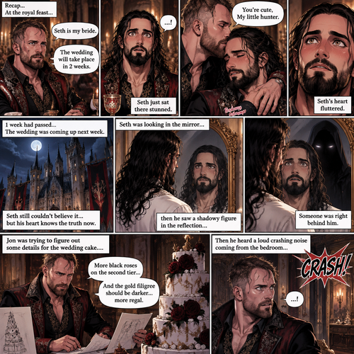 (Recap)Jon Moxley (The vampire king) and Seth Rollins (The vampire hunter…well now The bride Of Jon Moxley) were at the royal feast,Seth was stunned because Jon announced that Seth was his bride,Jon also said that the wedding would take place in 2 weeks,Seth just sat there stunned,Jon sat down and wrapped his arm around Seth and pulled him close,He gently kissed Seth’s forehead,Seth’s heart fluttered,Jon heard it and said “you’re cute,My little hunter”. (And now part 6). 1 week had passed,the wedding was coming up next week. Seth still couldn’t believe it…but his heart knows the truth now. Jon was handling the preparations for the wedding. Seth was looking in the mirror…then he saw a shadowy figure in the reflection…someone was right behind him. Jon was trying to figure out some details for the wedding cake….Then he heard a loud crashing noise coming from the bedroom