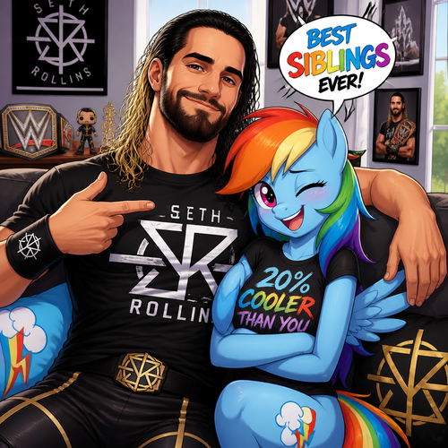 WWE superstar Seth Rollins and Rainbow Dash (My Little Pony) as siblings
