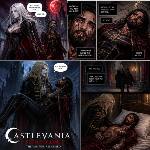 WWE superstar Seth Rollins as a vampire in Castlevania (Netflix series).He was Carmilla’s loyal companion…Till she betrayed him and left him to die.he was weakened.He just layed there and accepted his fate…Then…A long came Alucard.He lifted Seth up in his 
Arms and walked to his castle.After he got there He gently put Seth on the bed