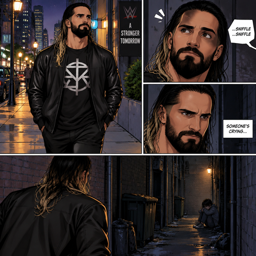 Seth Rollins was having a stroll down the street at night,then…he heard a small crying sound. He followed the sound to an alleyway