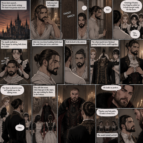 (Recap) Seth Rollins (The vampire hunter) woke up in a Royal bedroom,He finds a note on a nightstand that says “My little hunter,If you are reading this that means you’re awake,I had go out to do my royal duties,In case you’re wondering where you are,you’re in my castle completely safe,I bet you’re wondering why I took you here,I will explain everything soon,There’s going to be a royal feast tonight where I will announce who my bride is,I wish for you to be there,See you tonight my dear, Love Jon”,Then he walked to a mirror and gently traced the bite mark on his neck and wondered what the vampire king (Jon Moxley) wanted with him. (And now part 3). Hours have passed,the sun was slowly setting,The feast was gonna start soon. Seth was lost in thought,Then there was a knock on the door. He got up and opened it,The palace maids were there. “Greetings Hunter,Our king has asked us to help you get ready for the feast” said one of the maids. “Um….Okay” Said Seth. The maids walked in,They began by sitting Seth down on a chair,One of them grabbed a hairbrush and brushed his hair while the other maids went to get a fancy outfit together. After she was done brushing Seth’s hair the maid then put it in a neat bun. Seth looked in the mirror. The other maids were finished Getting Seth’s fancy outfit together. Seth puts it on. “The feast is about to start,we’ll guide you to the dining room” said one of the maids. They left the room,when they got to the stairs…Jon was waiting for them at the bottom. He looked at Seth. “He looks so perfect” Jon said in his mind. He looked at the maids. “Thanks your help girls,I’ll take it from here” Jon said to the maids. The maids bowed and left