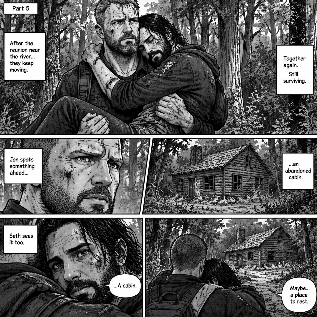 (Part 5). Still in the zombie apocalypse. Jon Moxley was walking in the woods while Holding Seth Rollins in his arms after emotional reunion near the river. Seth was resting his head on Jon’s shoulder while holding on. Jon looked ahead and he sees an abandoned Cabin. Seth Sees it too