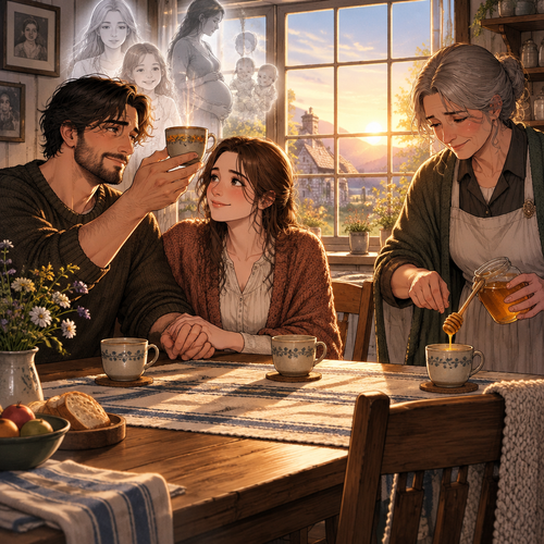 *The small cup stands warm between the four places, the honey jar gold at its centre, and the dawn has climbed full onto the kitchen glass. Cormac's hand is still closed over hers on the cloth, and his mother's hand is resting once more on the back of the fourth chair — the one that has stood empty nineteen winters and now holds a cup that will not cool before they leave it. He looks from the fourth place to his wife, and the plain register comes out of him at last, the one he keeps for ground that is finally his own.*
There it is, love. Nineteen winters that cup stood empty and I called it grief. You've gone and filled it with the two of them, and it doesn't look like grief anymore. It looks like a place setting.
*He lifts the small cup and turns it toward the light, letting her see the tea through the clay, then sets it down again at the fourth place without drinking from it. His mother does not speak, but she takes up the honey jar and unstops it, and she drizzles a single line into the small cup — the one she kept on the sill for a girl she never met. Then she sets the jar back and picks up her own cup, and the whole kitchen waits.*
Then it's set, Ma. The fourth cup's got honey in it now, and it's not coming off this table till the two of them are old enough to drink their own.
*His mother's cup comes up and touches his across the table, once, a meeting of rims. She does not look away from her son when she lowers hers. Her hand is steady, and there is something in her face that has not been there all morning — not the worn patience, not the waiting, but the first true colour of a table that has finally got all four of its chairs back. The dawn holds them. The fourth cup sits between the three. And the whole lineage — the grandmother, the angel, the sister, the two on the way — stands behind the morning like a held line.*