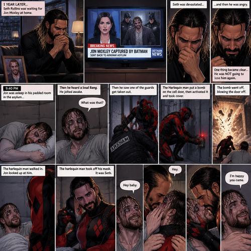 (Part 4 of the Joker x Harlequin story). 1 year later,Seth Rollins was waiting for Jon Moxley (The Joker) at home. Then a news report came on saying that Jon was captured by Batman and was sent back to the asylum. Seth was devastated…and then he was angry. One thing became clear…He was NOT going to lose him again. 9:40 pm,Jon was asleep in his padded room in the asylum…then he heard a loud Bang. He jolted awake. “What was that?” Jon asked himself,Then he saw one of the guards get taken out. There was a man in a red and black Harlequin costume,He was wearing a mask. Jon was confused. The Harlequin man put a bomb on the cell door,then activated it and took cover. Jon took cover as well. The bomb went off,blowing the door off. The harlequin man walked in. Jon looked up at him. The harlequin man took off his mask,It was Seth. Jon was happy. “Hey baby” Said Jon. “Hey” Said hey. They kissed. “I’m happy you came” Said Jon