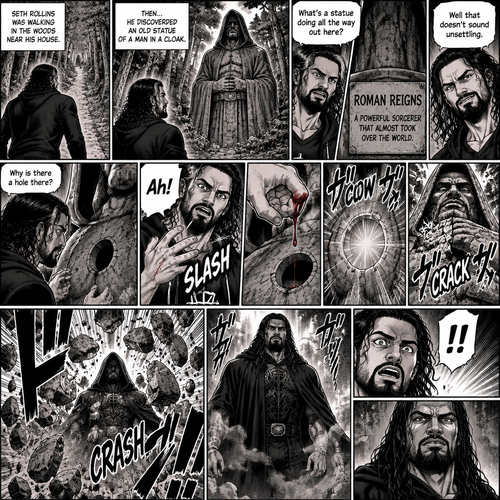 Seth Rollins was walking in the woods near his house,Then…he discovered an old statue Of a man in a cloak (Roman Reigns). “What’s a statue doing all the way out here?” Seth asked himself. He looks at the nameplate “Roman Reigns,A powerful sorcerer that almost took over the world”. “Well that doesn’t sound unsettling” Seth said to himself sarcastically. Then he noticed a hole on the statue. “Why is there a hole there?” Seth asked himself. Then….Seth somehow accidentally cut his hand. A little bit of his blood dripped into the hole,Then…..the hole started glowing,Then the statue….started to crack. Then…the statue broke apart….revealing…the sorcerer himself