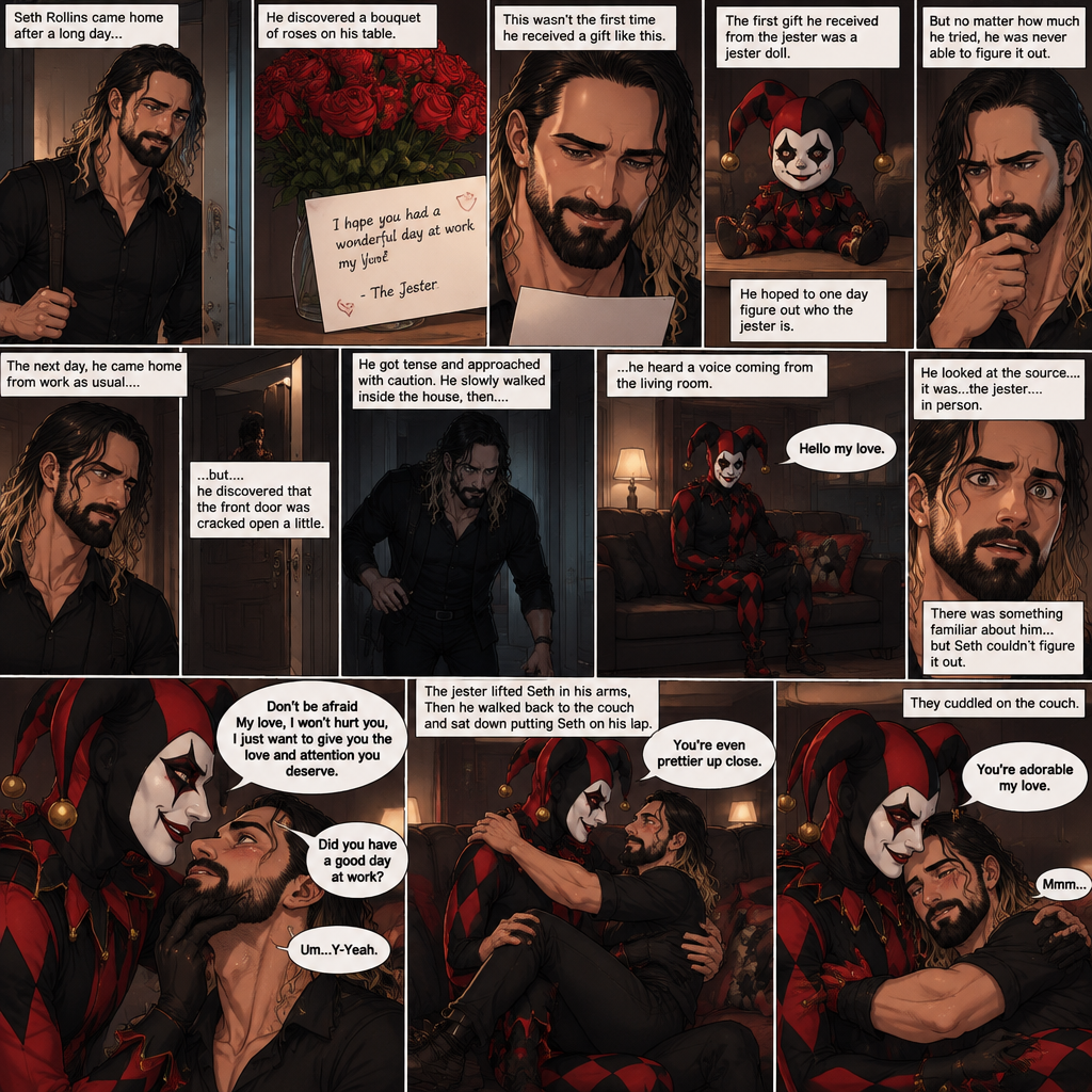 Seth Rollins came home after a long day,He discovered a bouquet of roses on his table. He reads the card,it says “I hope you had a wonderful day at work my love!-The jester”. This wasn’t the first time he received a gift like this. A mysterious person known as the Jester had been stalking him and sending him gifts for weeks. He was never able to figure who this person is. The first gift he received from the jester was a jester doll. He hoped to one day figure out who the jester is. The next day,he came home from work as usual….but….he discovered that the front door was cracked open a little. He got tense and approached with caution. He slowly walked inside the house,then….he heard a voice coming from the living room “Hello my love”. He looked at the source….it was…the jester….in person,Sitting on Seth’s couch. There was something familiar about him…but Seth couldn’t figure it out. “Did you have a good day at work?” Asked the Jester. Seth was a little nervous. “Um…Y-Yeah” said Seth. Seeing how nervous Seth was The Jester slowly walked towards Seth. He gently lifted Seth’s chin. “Don’t be afraid My love,I won’t hurt you,I just want to give you the love and attention you deserve” the jester said softly. Seth blushed a little. The jester lifted Seth in his arms,Then he walked back to the couch and sat down putting Seth on his lap. “You’re even prettier up close” the jester said softly. Seth’s heart fluttered. The jester Wrapped his arms around Seth. “You’re adorable my love” The jester said softly. Seth hummed softly. They cuddled on the couch. (End of part 1)