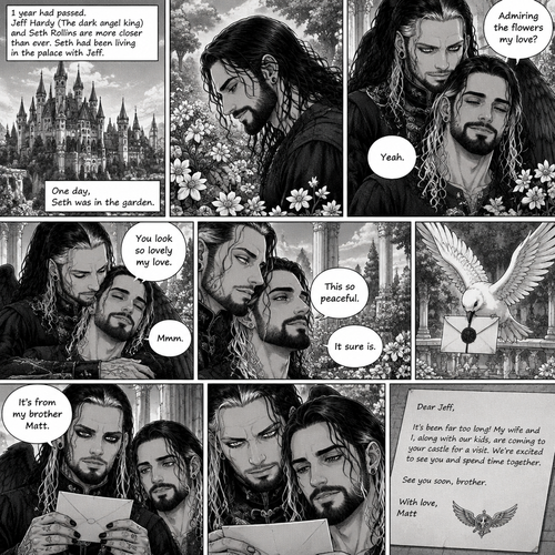 (Part 4 of the dark angel X human story). 1 year had passed,Jeff Hardy (The dark angel king) and Seth Rollins are more closer than ever. Seth had been living in the palace with Jeff. One day Seth was in the garden. Jeff walked behind him. “Admiring the flowers my love?” Jeff asked. Seth smiled softly. “Yeah” Seth said softly. Jeff gently pulled Seth in his embrace. “You look so lovely my love” Jeff said softly. Seth hummed softly. “This so peaceful” Seth said softly. “It sure is” Jeff said softly. Then a messenger bird flew in with a letter. Jeff gently picked up the letter and opened it,It was from his brother Matt saying that he and his wife and kids are coming to Jeff’s castle for a visit. Seth looked at the letter too