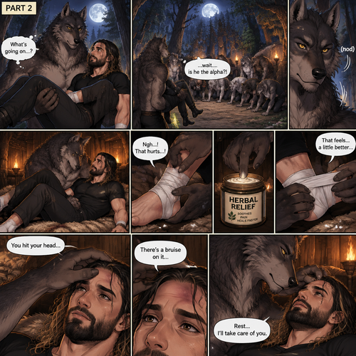 (Quick Recap!) Seth Rollins was lost in the woods at night,he encountered a werewolf,got scared and ran,tripped and rolled on a steep hill,Injured his ankle and hit his head at the bottom,werewolf caught up to him,sniffed him and called him his mate,lifted him in his arms and walked into the woods. (Now onto part 2 of the werewolf x human story!).The werewolf was walking in the woods while holding Seth in his arms.Seth was confused as to what’s going on.They arrived at a clearing where the other werewolves were,They bowed to the werewolf holding Seth. “…wait….is he the alpha?!” Seth said in his mind.The alpha werewolf nodded to the other werewolves in acknowledgment,he the walked to his den.He gently puts Seth down on the bed,then he looks over his sprained ankle,he gently squeezes it to see how painful it is,Seth groans in pain.The alpha werewolf gets a cream the soothes pain,spreads some of it on the bandage and wraps it around Seth’s ankle.Seth now feels a little less pain on his ankle.The alpha then looks at Seth’s head,There’s a bruise on it