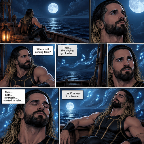 Seth Rollins was alone on a boat at night,He looked at the moon. Then….he heard…singing,he tried looking for the source. “Where is it coming from?” Seth asked himself. Then….the singing got louder,Then….Seth…strangely….started to relax…as if he was in a trance
