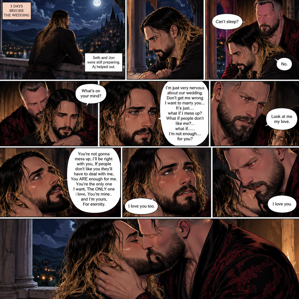 (Recap) Seth Rollins (The vampire hunter turned Bride of the Vampire king) was almost kidnapped by A mysterious figure (AJ Styles),Jon Moxley (Vampire King) Saved Seth,The man took off the hood and revealed he’s Seth’s brother,Seth was stunned. “What?” Seth asked,”I’m your brother” said Aj,Seth shook his head a little,”I don’t believe you” Said Seth,”I know this is a lot to process,but it’s true” said Aj,Jon gently pulled Seth to his side,”How do we know you’re telling the truth?” Jon asked cautiously,Aj shows his birthmark,It’s the shape of a crescent moon…just like Seth’s. Seth was stunned,All this time he thought he was the only one with that birthmark’”A-Are you really my brother?” Seth asked,”Yes Seth…I am” said Aj,”I have been searching for you…all these years” Aj paused,Tears welling up in his eyes,”And I finally found you” Aj continued,Seth didn’t know what to say,Neither did Jon,”I’ve never forgotten about you,little brother” Said Aj,Something flashed in Seth’s mind,it was a memory of himself and Aj when they were little,Aj (as a kid) had promised Seth he would never forget him,The flashback ends,Tears welled up in Seth’s eyes,Seth and Aj hugged each other,Jon just watched. (And now part 8). 3 days before the wedding,Seth and Jon were still preparing. Aj helped out. The night before Aj had told Jon and Seth that he’s a werewolf. Seth and Jon were shocked but were happy that Aj was being honest with them. Seth was on the balcony Looking at the view and Looking nervous about the wedding. Jon appeared behind him checking in on him. “Can’t sleep?” Jon asked. “No” Said Seth. Jon wrapped his arms around him. “What’s on your mind?” Jon asked. “I’m just very nervous about our wedding,Don’t get me wrong I want to marry you…It’s just….what if I mess up? What if people don’t like me?…what if…..I’m not enough….for you?” Said Seth. “Look at me my love” Jon said softly. Seth looked up at him. “You’re not gonna mess up,I’ll be right with you,If people don’t like you they’ll have to deal with me,You ARE enough for me,You’re the only one I want,The ONLY one i love,You’re mine..and I’m yours,For eternity” Jon said softly. Seth’s heart fluttered. Jon kissed him softly. “I love you” Jon said Softly. “I love you too” Seth said softly. They kissed again