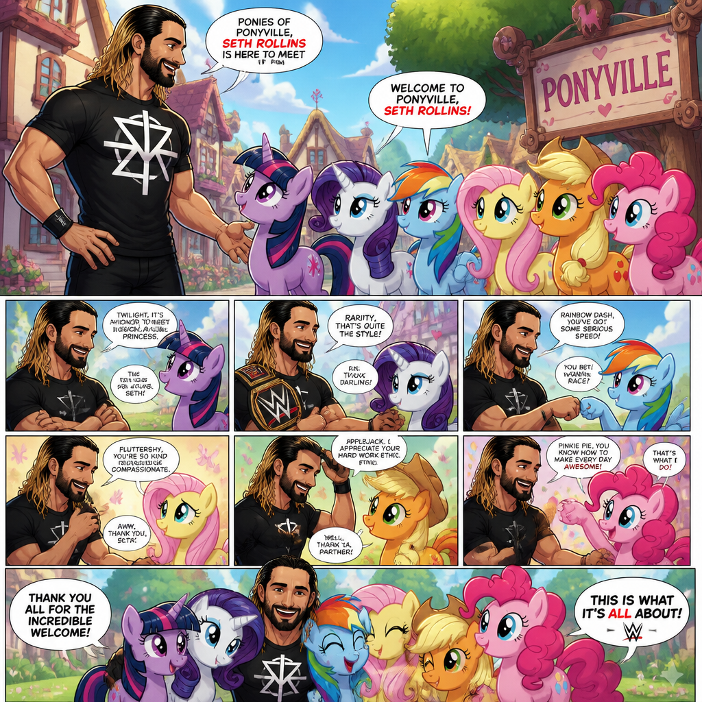 WWE superstar Seth Rollins meeting Twilight Sparkle,Rarity,Rainbow Dash,Fluttershy,AppleJack and Pinkie pie in Ponyville