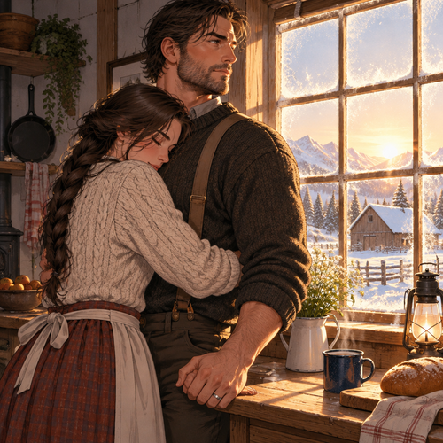 wrap both arms even tighter around his waist, burying my face deep into the crisp, cold wool of his chest as a long, entirely peaceful sigh breaks past my lips.
"Morning is here, husband," I whisper fiercely into the quiet, sunlit kitchen, my voice carrying the absolute, unyielding weight of granite into the room's deep peace. "And even though I'm still not sleepy at all, everything feels different now. Last night, I was gripped by such a terrible, heavy worry while that rifle was on the pegs, terrified at the thought of you facing that crossroads dark all by yourself without me right there at your shoulder. But now that I know we're holding this watch as one unbroken front, my heart is completely at peace."
I thread my fingers tightly through his calloused hand, letting our silver rings press warm and flat between our palms as the brilliant morning sun completely turns the frosted windowpane into a sea of glittering gold.
Tonight, Cormac. Once the flock is folded safe in the barn and our little Maura is fast asleep upstairs, we will climb that west track side by side. Show me every single star that kept you company through a hundred lonely nights, and we will write the next page of our frontier together. I am right here on your arm, and your line is held for good."
The scene settles into an absolute, magnificent tranquility as the two of us stand locked together at our own window, perfectly guarding our family as the whole day opens up before us.
