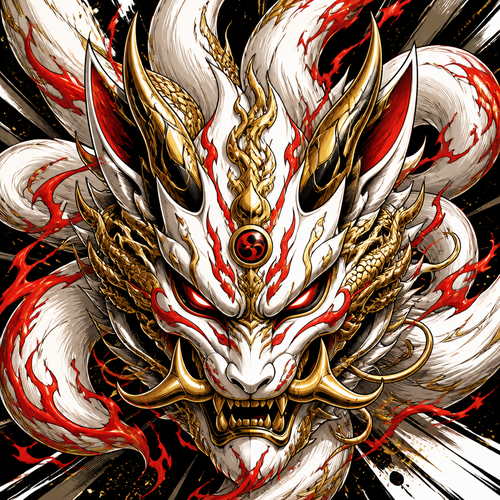Fuse Oni, loung dragon,9 tail fox into oni style mask that has all the best appearance from Fuse Oni, loung dragon,9 tail fox. Only show final product. Colors white,gold,red,black