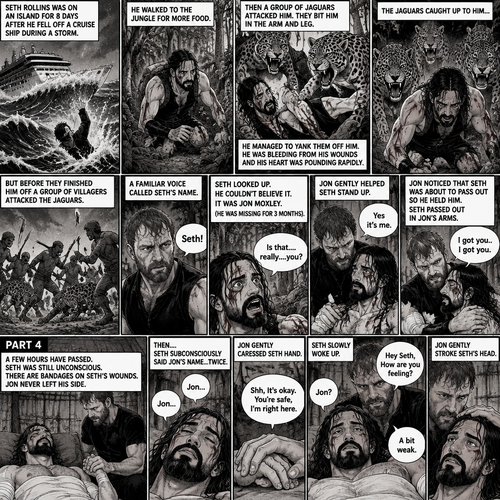 (Recap) Seth Rollins was on a Island for 8 days after he fell off a cruise ship during a storm,He walked to the jungle for more food,Then a group of jaguars attacked him,They bit him in the arm and leg,He managed to yank them off him,He was bleeding from his wounds and his heart was pounding rapidly,The jaguars caught up to him,but before they finished him off a group of villagers attacked the Jaguars,A familiar Voice called Seth’s name,Seth looked up,He couldn’t believe it,It was Jon Moxley (He was missing for 3 months),Jon gently helped Seth stand up,”Is that….really….you?” Seth asked,”Yes it’s me” Said Jon,Jon noticed that Seth was about to pass out so he held him,Seth passed out in Jon’s Arms,”I got you..I got you” Said Jon,He lifted Seth in his arms. (And now part 4). A few hours have passed,Seth was still unconscious,There are bandages on Seth’s wounds. Jon never left his side,He was gently holding Seth’s hand. Then….Seth subconsciously said Jon’s name…Twice. Jon gently caressed Seth hand. “Shh,It’s okay,You’re safe,I’m right here” Jon said softly. Seth slowly woke up. “Jon?” Seth asked softly. “Hey Seth,How are you feeling?” Jon said softly. “A bit weak” Seth said softly. Jon gently stroke Seth’s Head