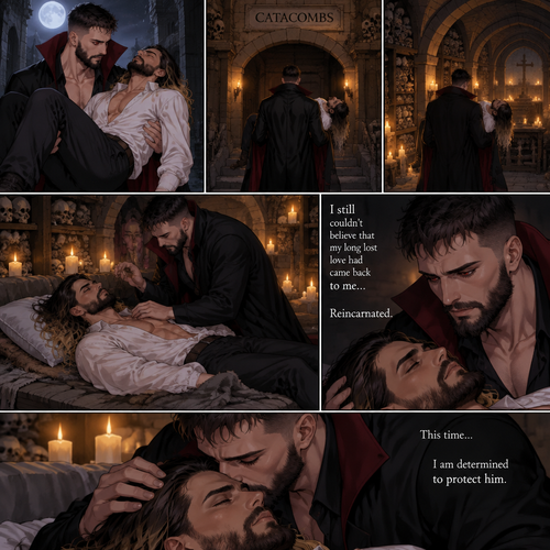 (Vampire Finn Bálor x Reincarnated Seth Rollins part 2) The Person was still walking in the night with the unconscious Seth in his arms. He walked to the catacombs,He entered the catacombs. He puts Seth on a makeshift bed,Then he looks at Seth. He still couldn’t believe that his long lost love had came back to him…Reincarnated. This time…He was determined to protect him