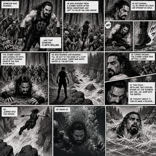 We’re in the woods during a zombie apocalypse,Someone was running…and that someone…is Seth Rollins. He was running from a zombie horde after being abandoned and left to die by his own group. He kept running….Till he tripped on a rock and sprained his ankle. The zombie horde was gaining on Seth,So he kept running despite the pain in his ankle. He was running and running….till he got to the edge of a cliff. He looks down,There was rapid water at the bottom. He turned around…the Zombie horde was getting closer. At this point…Seth had two choices,Either let the zombies eat him..or jump into the rapids. He thought about it….then he made a decision…he…Jumped into the rapids. He swam up