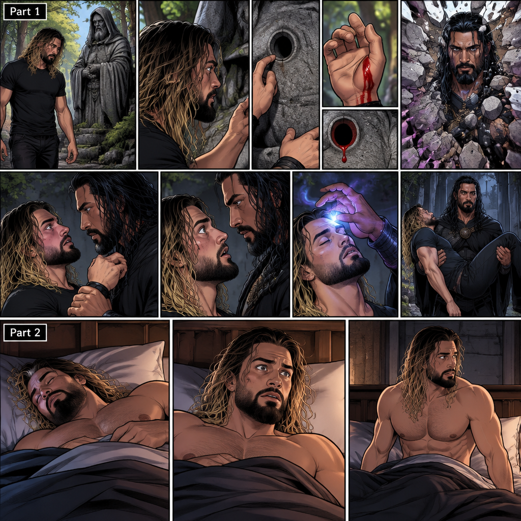 (Recap) Seth Rollins Was walking in the forest near his house,he discovered a statue of a sorcerer (Roman Reigns),he finds a hole on it,then he accidentally cuts his hand,A little bit of his blood dripped in the hole,then it broke apart…revealing the sorcerer himself,Seth was shocked,the sorcerer grabbed Seth’s wrist and pulled him closer,He looked at Seth’s eyes,then he used a spell to make Seth sleep,then he lifted Seth in his arms. (And now part 2). Seth was asleep on his bed,then he woke up. He sat up confused