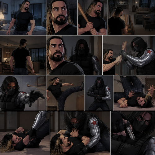 Seth Rollins was in his house about to go to bed…then he heard a noise downstairs. He grabbed a bat and went downstairs to investigate. He looked around,He sees nothing….at first…then he sensed a presence behind him. He swung the bat at the intruder…But the intruder grabbed it….with his metal arm. That’s right…it’s the winter soldier. He threw Seth’s bat away. Seth tried to ninja kick the winter soldier…but he grabbed his ankle and threw him on the ground. Then he grabbed Seth’s ankle again and pulled him closer. Seth struggled. The winter soldier got on top of him. Seth kept struggling. The winter soldier grabbed something out of his pocket