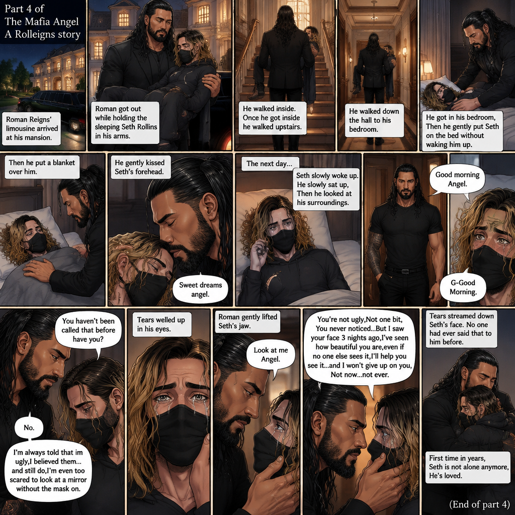 (Part 4 of the mafia angel,A Rolleigns story). Roman Reigns (Mafia leader)’s limousine arrived at his mansion. He got out while holding the sleeping Seth Rollins in his arms. He walked inside,Once he got inside he walked upstairs. He walked down the hall to his bedroom. He got in his bedroom,Then he gently put Seth on the bed without waking him up,Then he put a blanket over him. He gently kissed Seth’s forehead. “Sweet dreams angel” Roman said softly. The next day,Seth slowly woke up. He slowly sat up,Then he looked at his surroundings. The bedroom door opened and Roman walked in. “Good morning Angel” Roman said softly. Seth blushed a little under the mask. “G-Good Morning” Seth said softly and nervously. Roman walked towards him. “You haven’t been called that before have you?” Roman asked. Seth lowered his head with a sad look on his face. “No” said Seth. “I’m always told that im ugly,I believed them…and still do,I’m even too scared to look at a mirror without the mask on” Seth admitted. Tears welled up in his eyes. Roman gently lifted Seth’s jaw. “Look at me Angel” Roman said softly. Seth looked at him. “You’re not ugly,Not one bit,You never noticed..But I saw your face 3 nights ago,I’ve seen how beautiful you are,even if no one else sees it,I’ll help you see it…and I won’t give up on you,Not now…not ever” Roman said softly. Tears streamed down Seth’s face. No one had ever said that to him before. Roman hugged Seth. First time in years,Seth is not alone anymore,He’s loved. (End of part 4)
