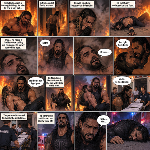 Seth Rollins is in a burning building,He tries to find a way out,he couldn’t find a way out. He was coughing because of the smoke,He eventually collapsed on the floor. Then…he heard a familiar voice calling out his name,he slowly opened his eyes…it was Roman Reigns. He weakly called out Roman’s name. Roman rushed towards Seth. “I’m right here Seth” Said Roman. He lifted Seth in his arms. “Hold on Seth,I got you” Roman said to Seth. He rushed to find a way out,he found one. He ran towards the exit with Seth in his arms,He made it out. He runs to an ambulance with Seth in his arms. “Medic! He needs help!” Roman yelled. He puts Seth on a gurney. The paramedics wheel Seth into the ambulance. The adrenaline that Roman had Slowly wore off. “Help…..Him…” said Roman. Then…..He collapsed on the ground