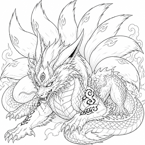 Nine tail fox loung dragon oni fusion medium to trace 