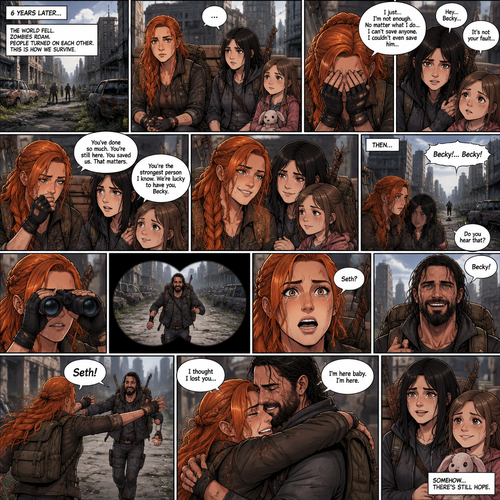 (Recap)It’s a zombie apocalypse,It’s been that way for 6 years,Becky lynch is surviving with two people,A teenager named Raven and a little girl named Sophie,They used to be part of a group…but they got wiped out by Bandits and Zombies,Becky,Raven and Sophie were the only ones that managed to escape.m,They’re currently walking in the city,They sat down on a bench to take a break,They were silent for a while,Then Becky started to cry,Raven and Sophie were concerned,Becky felt like nothing she did was good enough and that she couldn’t save anyone even the man she loved,Raven and Sophie were sad to see Becky like this,They reassured her,Becky smiled softly,They all hug each other. (And now part 2). Becky,Raven and Sophie were still sitting on the bench. Then…they heard a faint voice calling Becky’s name. They looked…and see a figure running towards them and calling Becky’s name in the distance. Becky grabbed her binoculars to see who it is. She couldn’t believe it…it was…The man she loved…the one who she thought she lost…Seth Rollins. Becky lowered her binoculars,her eyes widened in shock. “Seth?” Becky asked. Becky smiled and tears of joy rolled down her face. She ran towards him calling his name. They got to each other and hugged each other and cried tears of joy. “I thought I lost you” Becky said through her tears. “I’m here baby,I’m here” Said Seth. Raven and Sophie were watching. (End of part 2)