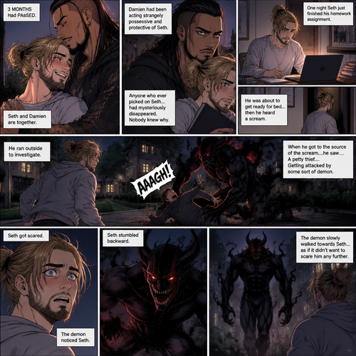 (Recap). Seth Rollins (College student) helped Damien Priest (The bad boy) tend to his wounds on his chest and shoulder after he entered Seth’s dorm room,The next morning,Seth and Damien were asleep in Seth’s bed,Seth slowly woke up,He was in Damien’s embrace,He blushed and his heart fluttered,Damien must’ve heard it because he subconsciously put his hand on Seth’s chest to feel Seth’s heartbeat and hummed softly in his sleep,Seth was flustered,Then…Damien slowly woke up and looked at Seth,”Your heart beats so beautifully” Damien said in a soft voice,Damien then whispered in Seth’s ear,“Is it because of me,Angel?” Damien asked seductively,The blush on Seth’s face deepened,Damien gave a smug and seductive smile.,”Can I kiss you?” Damien asked softly. Seth Got more Flustered,“S-Sure” Seth said nervously,Damien gently kissed Seth. (And now part 4). 3 months had passed,Seth and Damien are together. Damien had been acting strangely possessive and protective of Seth. Anyone who ever picked on Seth…had mysteriously disappeared. Nobody knew why. One night Seth just finished his homework assignment. He was about to get ready for bed….then he heard a scream. He ran outside to investigate. When he got to the source of the scream….he saw….A petty thief…Getting attacked by some sort of demon. Seth got scared. The demon noticed Seth. Seth stumbled backward. The demon slowly walked towards Seth…as if it didn’t want to scare him any further