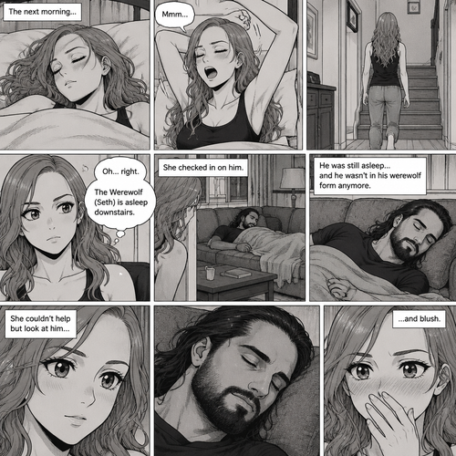 (Part 3 of the werewolf x human story) The next morning,Becky Lynch was asleep in her bed. Then she woke up. She got up and stretched her arms. She walked downstairs…then she remembered that the Werewolf (Seth Rollins) was asleep downstairs. She checked in on him. He was still asleep…and he wasn’t in his werewolf form anymore. She couldn’t help but look at him…and blush