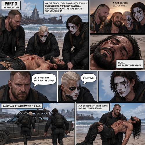 Part 3 of the apocalypse story.Jon Moxley,Darby Allin and Steven Borden (Sting’s son) Found Seth Rollins unconscious and badly injured on the beach while reminiscing about the time before the apocalypse.They had no idea what happened to him.Seth’s breathing was a bit shallow. “Let’s get him back to the camp” Said Jon. “I’ll Drive” Said Darby. Darby and Steven ran to the car,Jon lifted Seth in his arms and followed behind