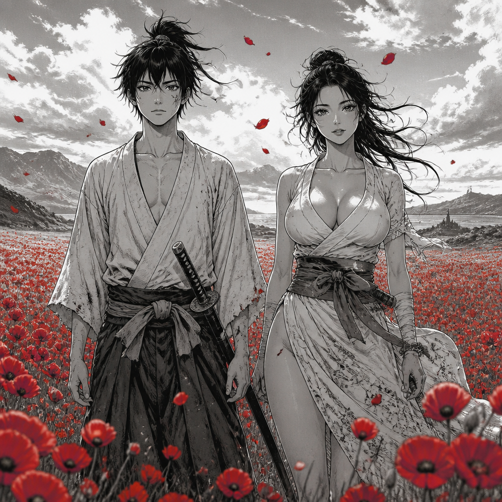 Un samouraï jeune de 17 ans accompagné d’une femme de 21 ans qui a des formes assez généreuses,ils sont dans une plaine de coquelicots inspiré de ghost of Tsushima le garçon se trouve à gauche et la femme à droite
On les voit de face ils portent une tenue légère