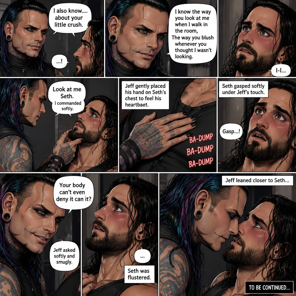 (Recap). Seth Rollins was called into Jeff Hardy’s office,“Is there something wrong Mr.Hardy?” Seth asked nervously,Jeff looked at Seth with a serious expression,“I know you saw me last night” said Jeff,Seth had a fearful expression on his face but tried to keep it cool,“I’m sorry…I don’t know what you’re talking about” said Seth,“Don’t play dumb with me Seth,I know that you know my secret” said Jeff,Seth’s heart was pounding. He was about to run to the door,but Jeff used his vampire speed to get there first and locked it,“You’re not going anywhere” Said Jeff. He slowly walked towards Seth,Seth slowly walked backwards,“Please don’t hurt me,I-I won’t tell anyone” Seth said,His back hit the wall,Jeff stood right in front of Seth,He pinned Seth to the wall. (And now part 3). Jeff looked into Seth’s eyes. “I also know….about your little crush” Said Jeff. Seth got nervous. “I know the way you look at me when I walk in the room,The way you blush whenever you thought I wasn’t looking” Jeff said softly. Jeff gently lifted Seth’s chin. “Look at me Seth” Jeff commanded softly. Seth’s heart fluttered. Jeff heard it,he gently placed his hand on Seth’s chest to feel his heartbeat. Seth gasped softly under Jeff’s touch. Jeff gave a smug smile. “Your body can’t even deny it can it?” Jeff asked softly and smugly. Seth was flustered. Jeff leaned closer to Seth