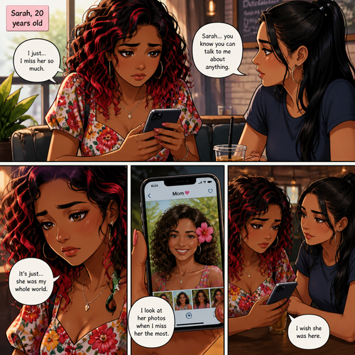 the young lady named Sarah, 20 year-old early curly wavy hair, red pink highlights hair. Light brown skin wearing a colorful dress flowers. While she’s talking to her best friend she’s sad. Look in her photos. her mom.