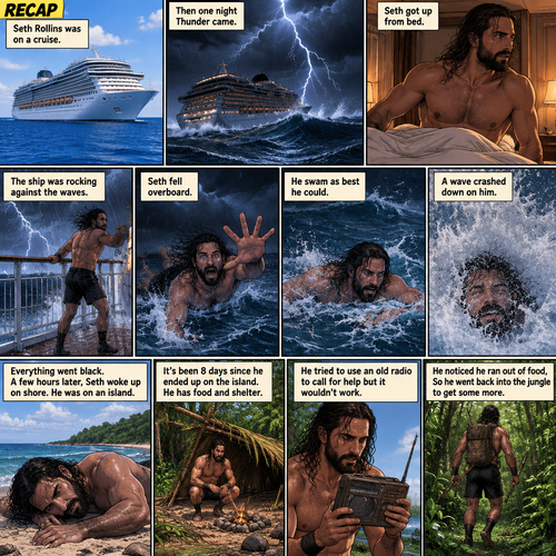 (Recap) Seth Rollins was on a cruise,then one night Thunder came,Seth got up from bed,The ship was rocking against the waves,Seth fell overboard,He swam as best he could,A wave crashed down on him,Everything went black,A few hours later,Seth woke up on shore,He was on an island,He has to figure out how to survive on the island. (And now part 2). It’s been 8 days since he ended up on the island. He has food and shelter. He tried to use an old radio to call for help but it wouldn’t work. He noticed he ran out of food,So he went back into the jungle to get some more
