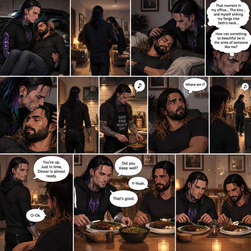 (Part 5 of the Vampire x human story) Jeff Hardy arrives at his house. He walks to the passenger side and gently lifts the sleeping Seth Rollins in his arms. He walks inside,Then he gently put Seth on his couch. He gently stroked Seth’s hair. Then he thought about that moment in Jeff’s office,The kiss and himself sinking his fangs into Seth’s neck. “How can something so beautiful be in the arms of someone like me?” Jeff asked himself. He gently kissed Seth’s forehead,Then he got up and walked to the kitchen. 5 minutes later,Jeff was making dinner and humming a tune. Meanwhile,Seth slowly woke up,He sat up and looked at his surroundings. “Where am I?” Seth asked himself,Then he heard Jeff humming. He got up and slowly walked to the kitchen. He sees Jeff humming and cooking. Seth’s heart fluttered. Then Jeff noticed Seth. “You’re up,Just in time,Dinner is almost ready” Said Jeff. “O-Ok” Seth said nervously. Seth walked to the table and sat down. Jeff finished cooking dinner. He put the food on the table and sat beside Seth. “Did you sleep well?” Jeff asked. “Y-Yeah” Said Seth. “That’s good” Said Jeff. They eat